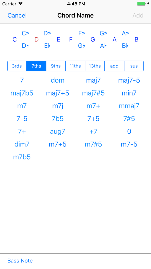 The screen for adding new chords, showing the different chord categories and types