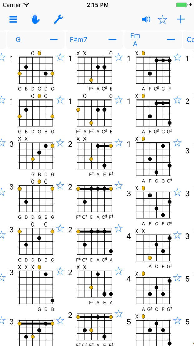 Screen with sample guitar chord charts.