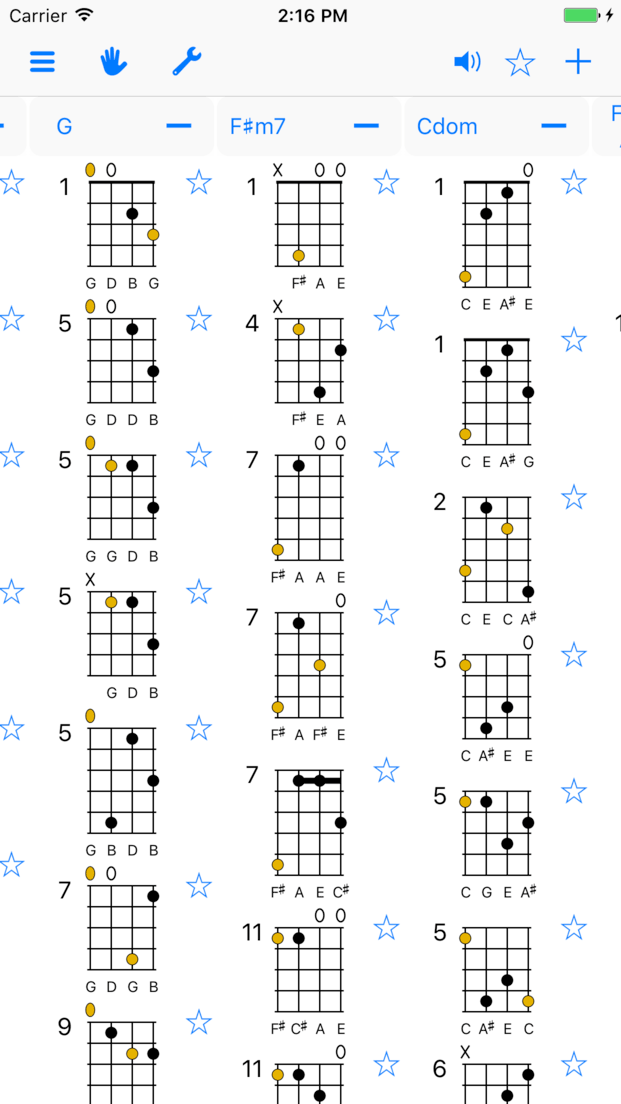 Screen with sample mandolin chord charts.